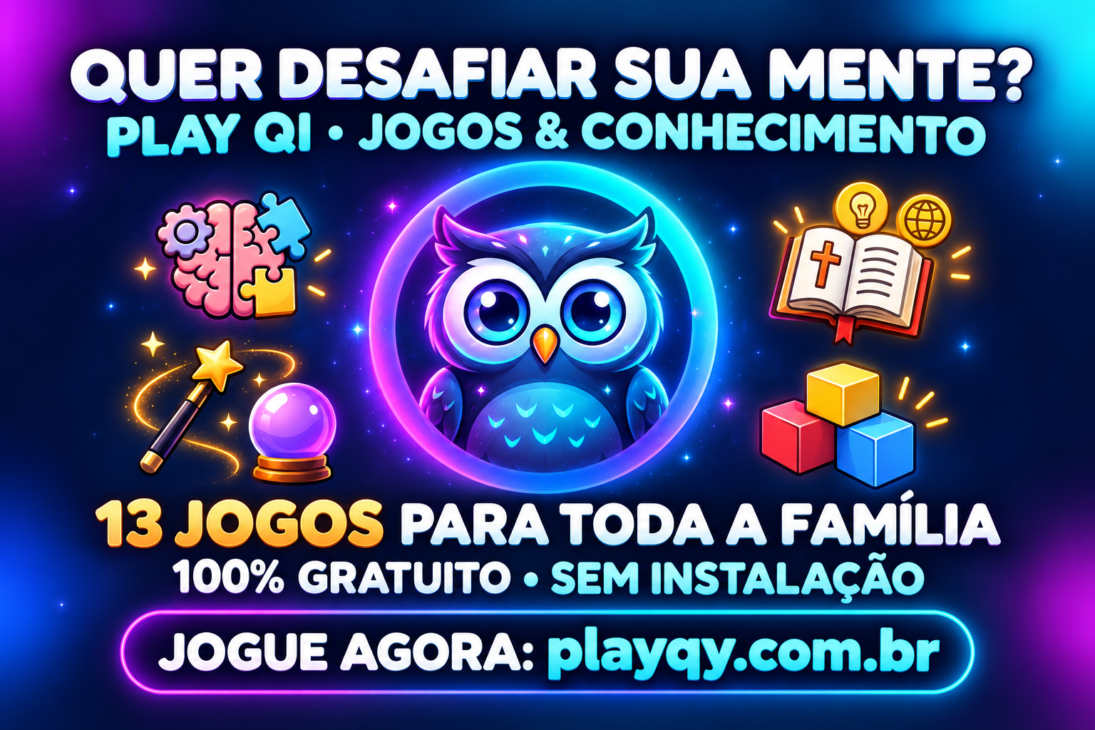 Imagem criada com IA: coruja mágica do PLAY QI, 13 jogos para toda a família, gratuitos e sem instalação. Jogue em playqy.com.br.